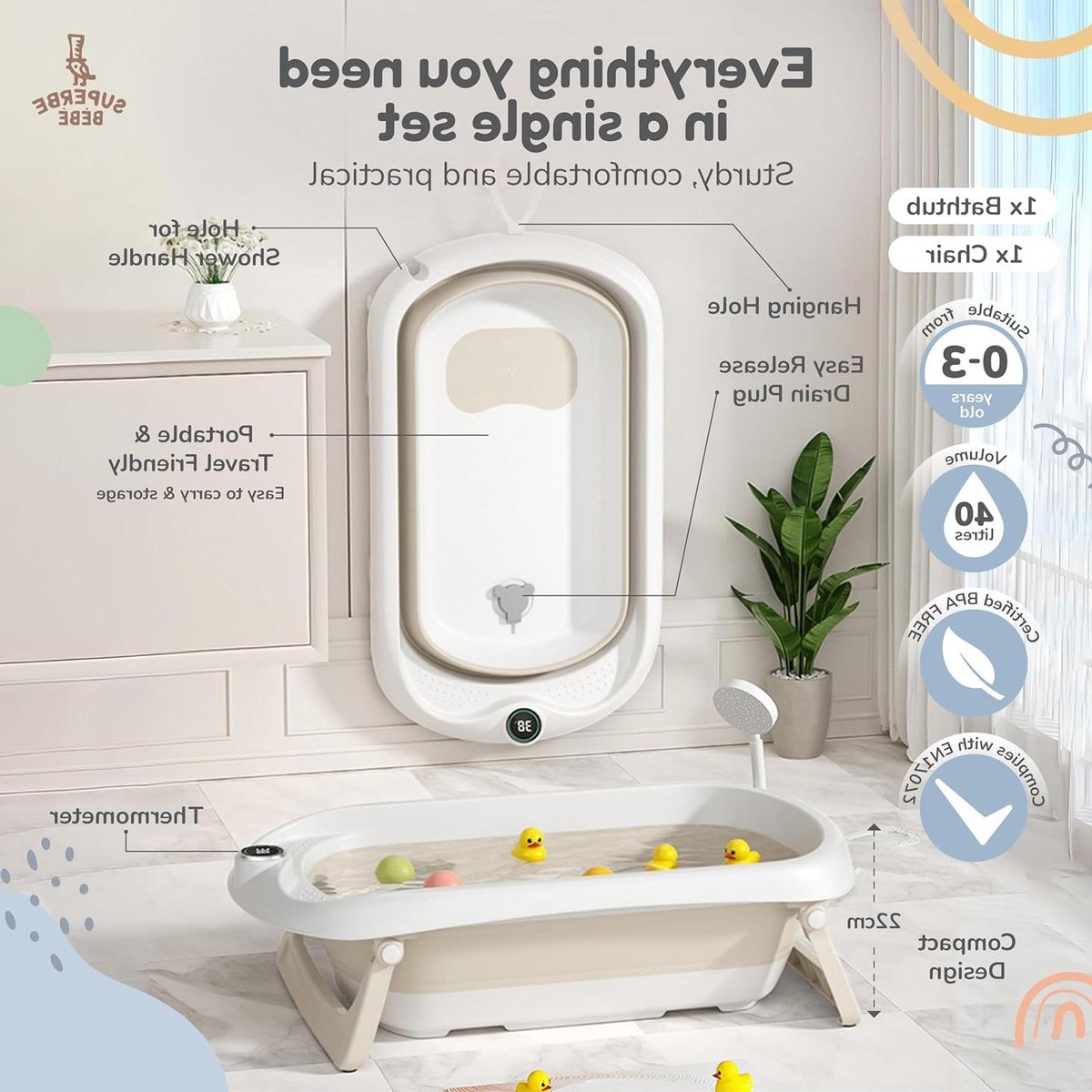 Opvouwbaar Babybad - Kinderbad Zitje - Baby Veilig Wassen - Geïntegreerde Thermometer - XXL Formaat - Wit