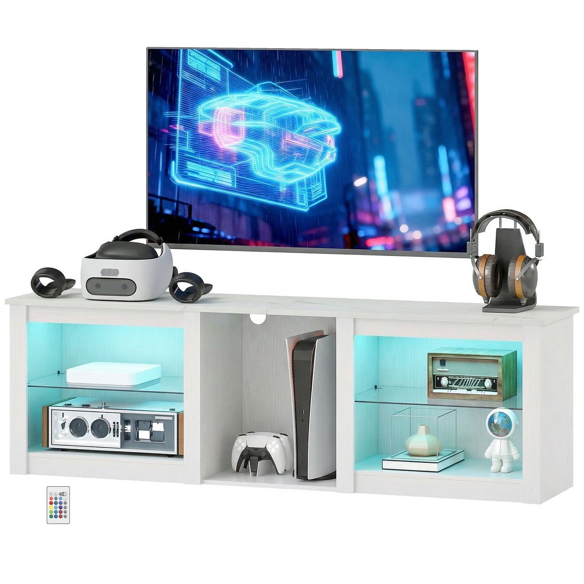 ECTEATOY® TV-Meubel met LED - tv kast - Geschikt voor TV's tot 70 Inch - 160 cm Breed - met Glazen Planken en Kabelbeheer - Wit