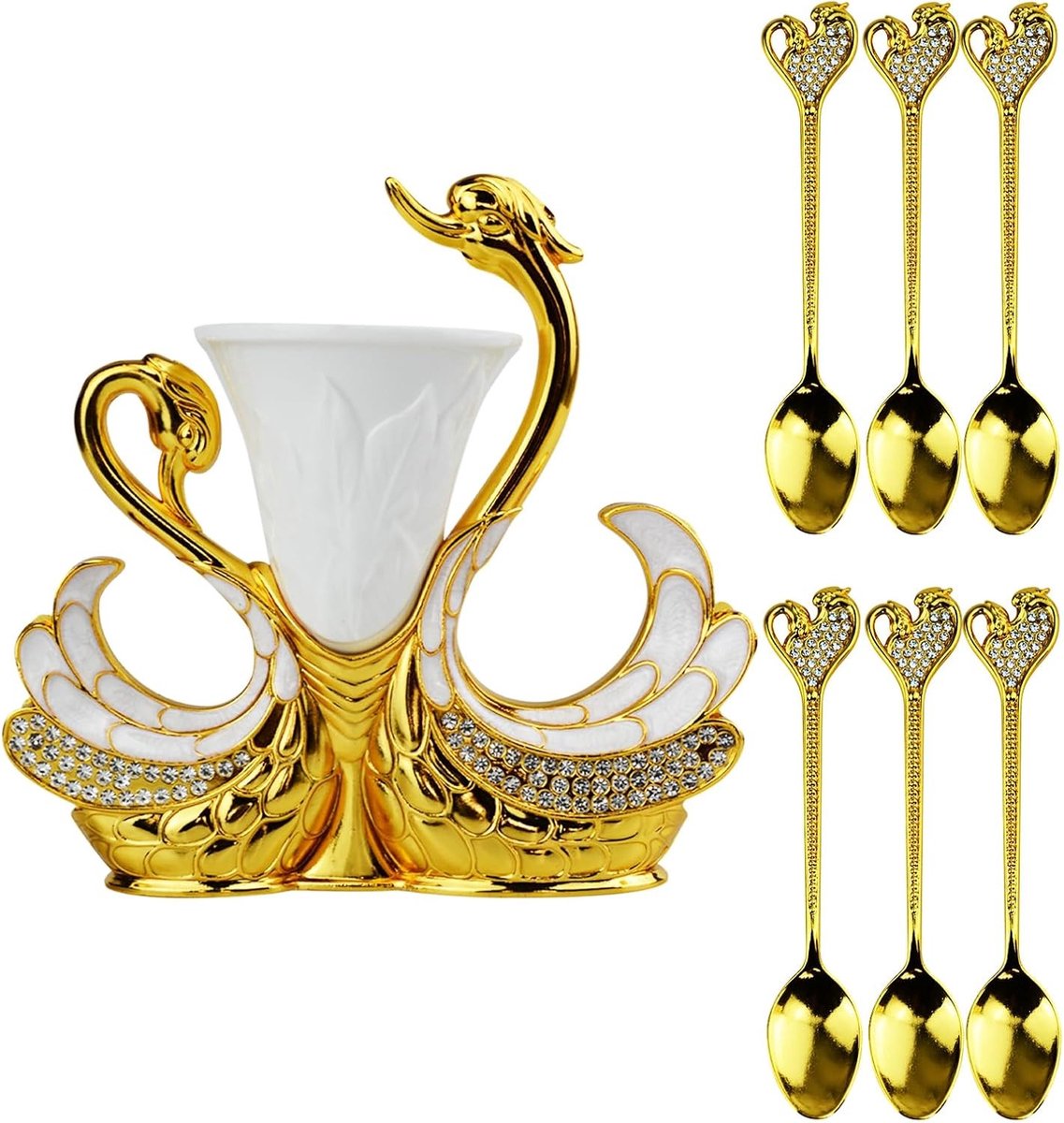 6-delige Dessertlepel Set met Decoratieve Zwanenhouder van RVS voor Koffie, IJs en Taart