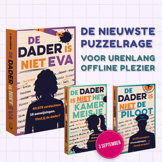 Drie boeken met de titel 'De dader is niet Eva' en 'De dader is niet het kamermeisje'. Linksboven de serie titel. Midden een groep silhouetten.