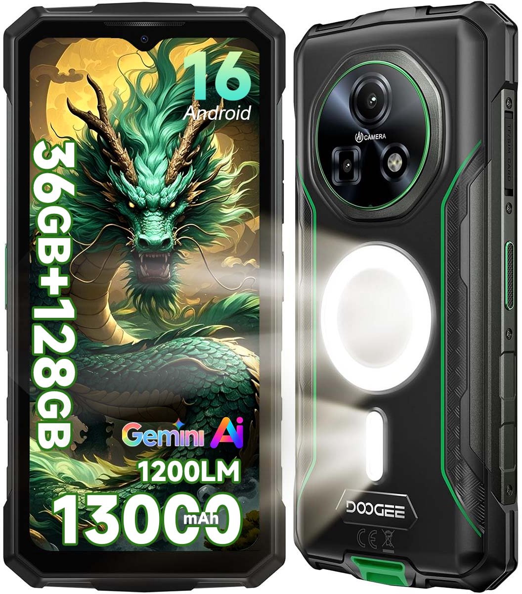DOOGEE Fire 5 Ultra Robuuste Smartphone - 36GB RAM 128GB ROM - Gemini AI - 13000 mAh - IP68/IP69K Outdoor telefoon - 6,6 inch 90 Hz - Android 16 - NFC GPS - Groen
