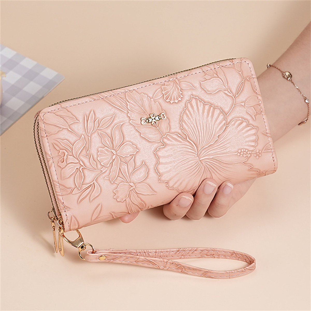 Damesportefeuille, grote portemonnee met dubbele rits, clutch met polsbandje en retro bloemenprint, creditcardhouder, telefoonhoesje, Roze