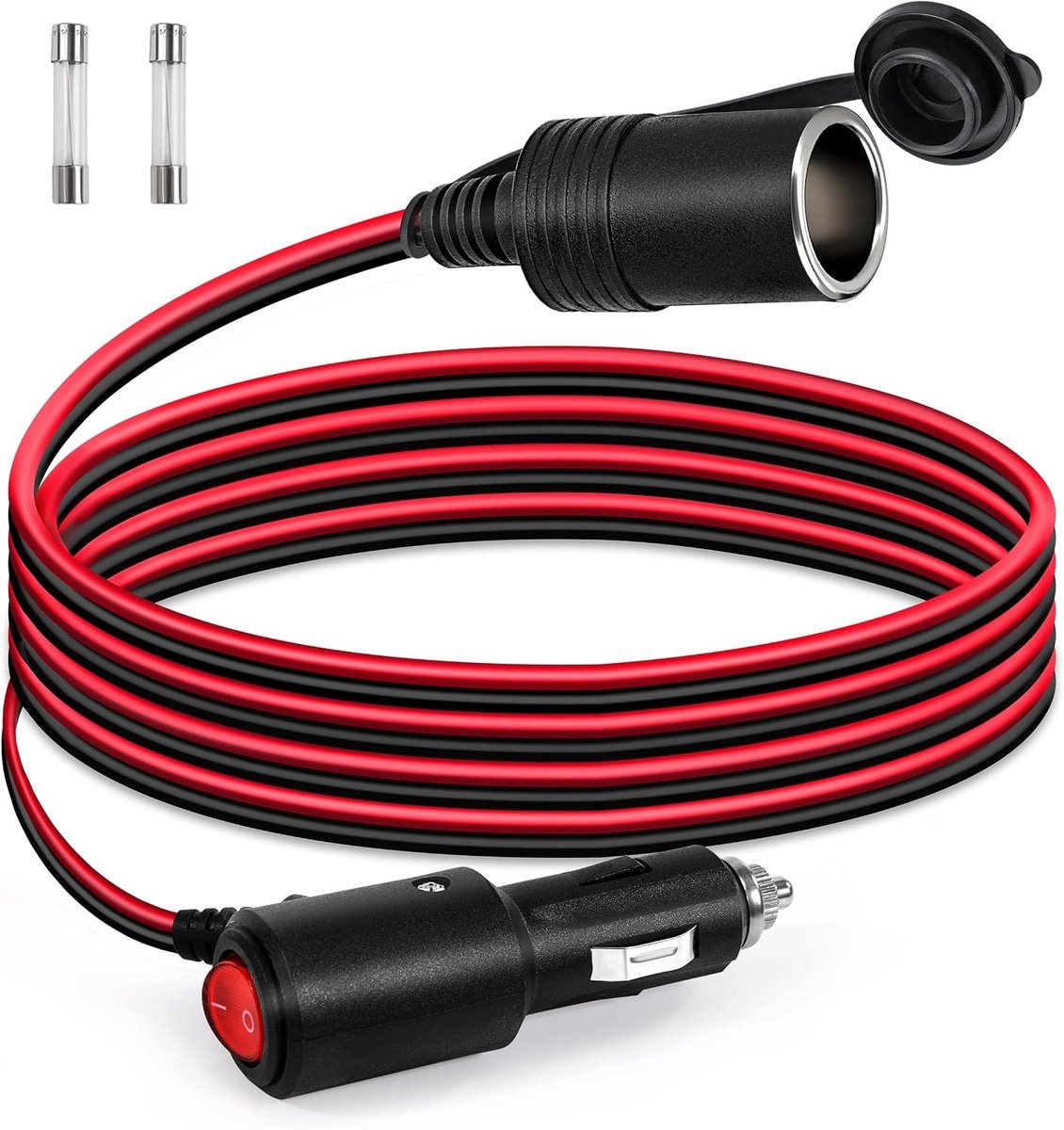 Verlengkabel voor Sigarettenaansteker 2 m met Waterdichte Schakelaar en 15A Zekering voor 12V/24V Voeding, Ideaal voor Camping en Truckgebruik