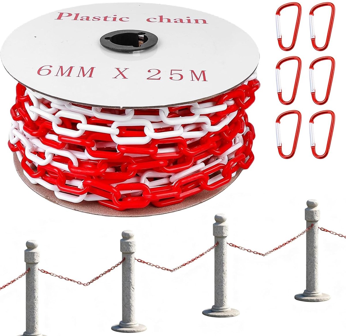 Ketting van 25 m, 6 mm met 6 Karabijnhaken, Rode/Witte Plastic Waarschuwingsketting voor Bouwplaatsbeveiliging en Veiligheidsmarkering