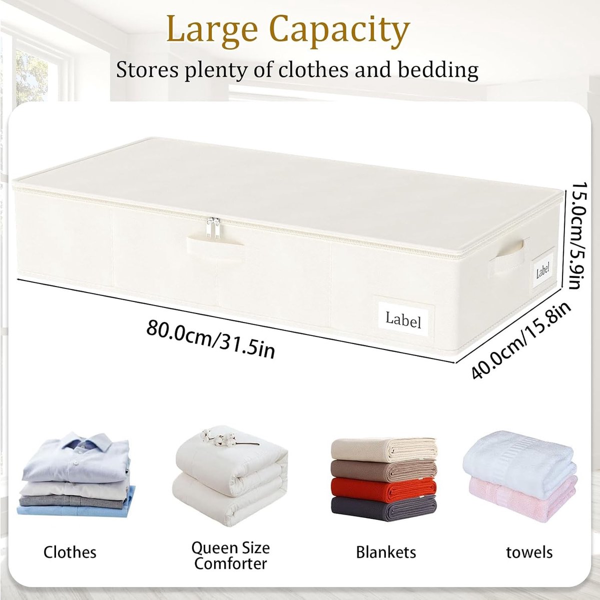 Vouwbare Opbergmand Onder Bed met Deksel, Duurzame Rits en Handvatten, Ideaal voor Kleding en Schoenen, 3-Pack, 80x40x15cm, Beige