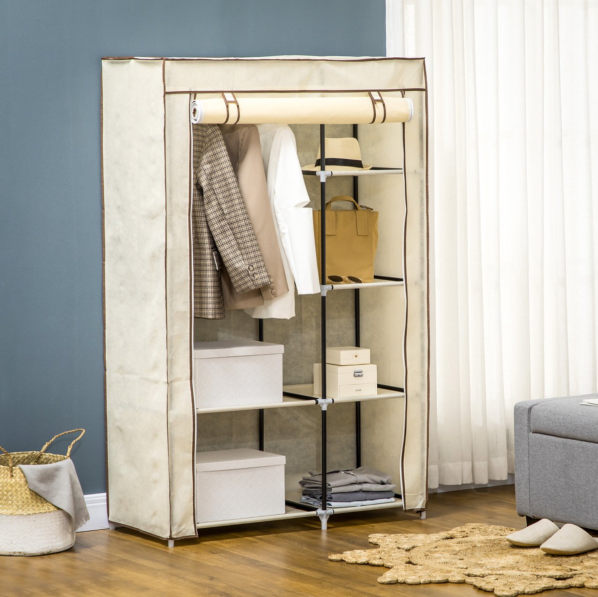 REDOM - Kledingkast - Opvouwbaar - Met hanggedeelte en 6 vakken - Stof en staal - Slaapkamer, hal, wasruimte - Crèmewit - 103 x 43 x 162,5 cm