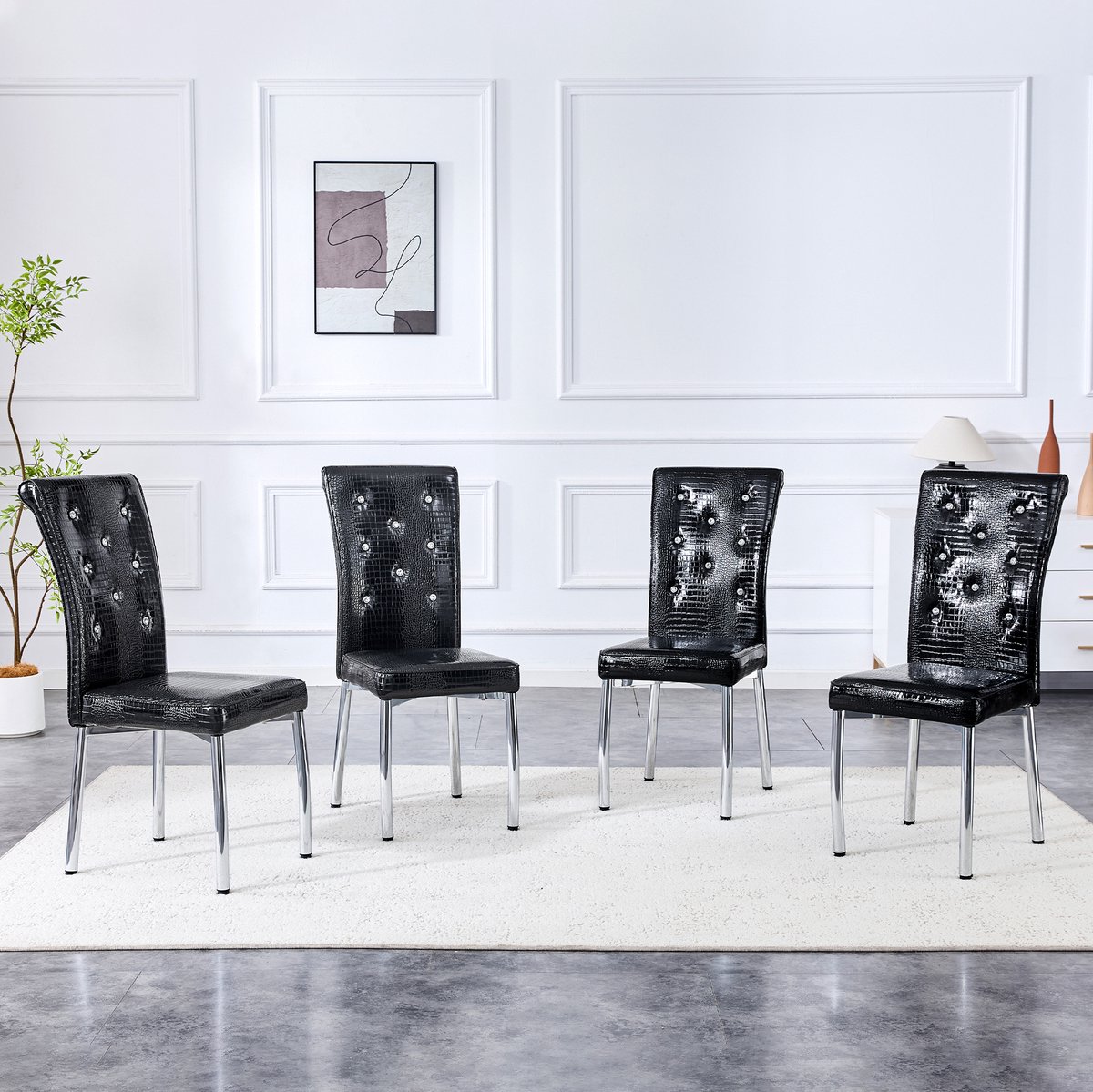 DESMIU Eetkamerstoel Set Van 4 - Retro Alligator Motief En Kristalknoopdetails - Voor Eetkamer Keuken En Bar - Kunstleer Zwart