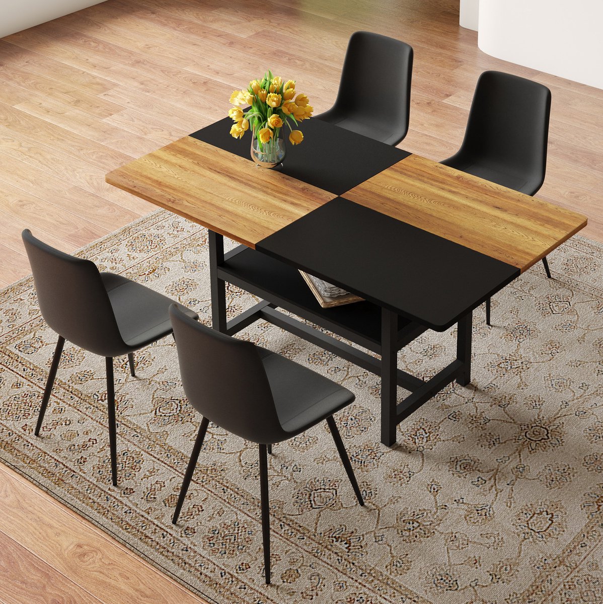 Wishdor Eettafelset - 4 stoelen - Modern - Opbergvak - MDF en metaal - Bruin en zwart - 160 cm