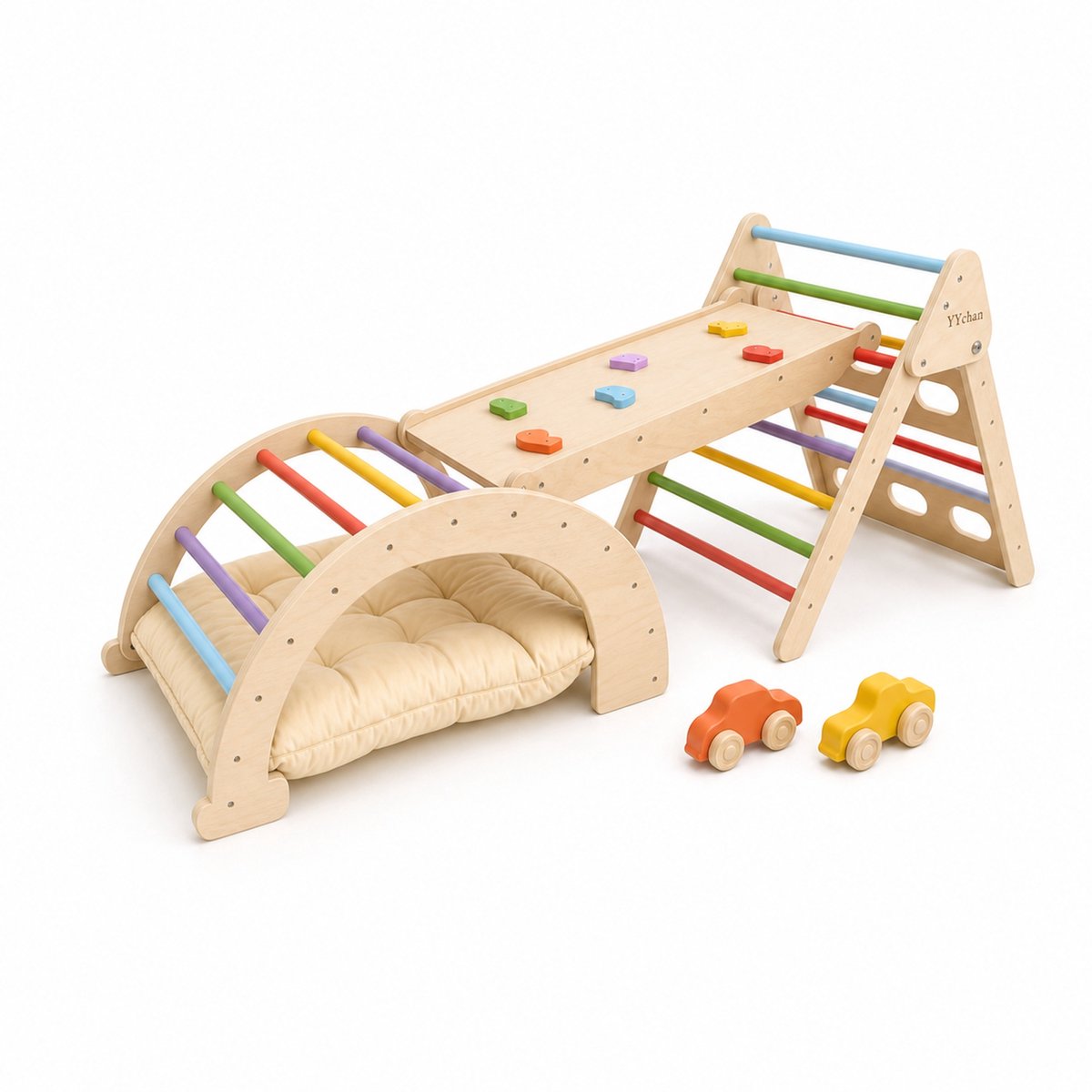 YYchan Klimrek Montessori met Kussen - Houten Klimdriehoek en Klimboog met Glijbaan - Speelgym voor Kinderen - Pastelkleuren