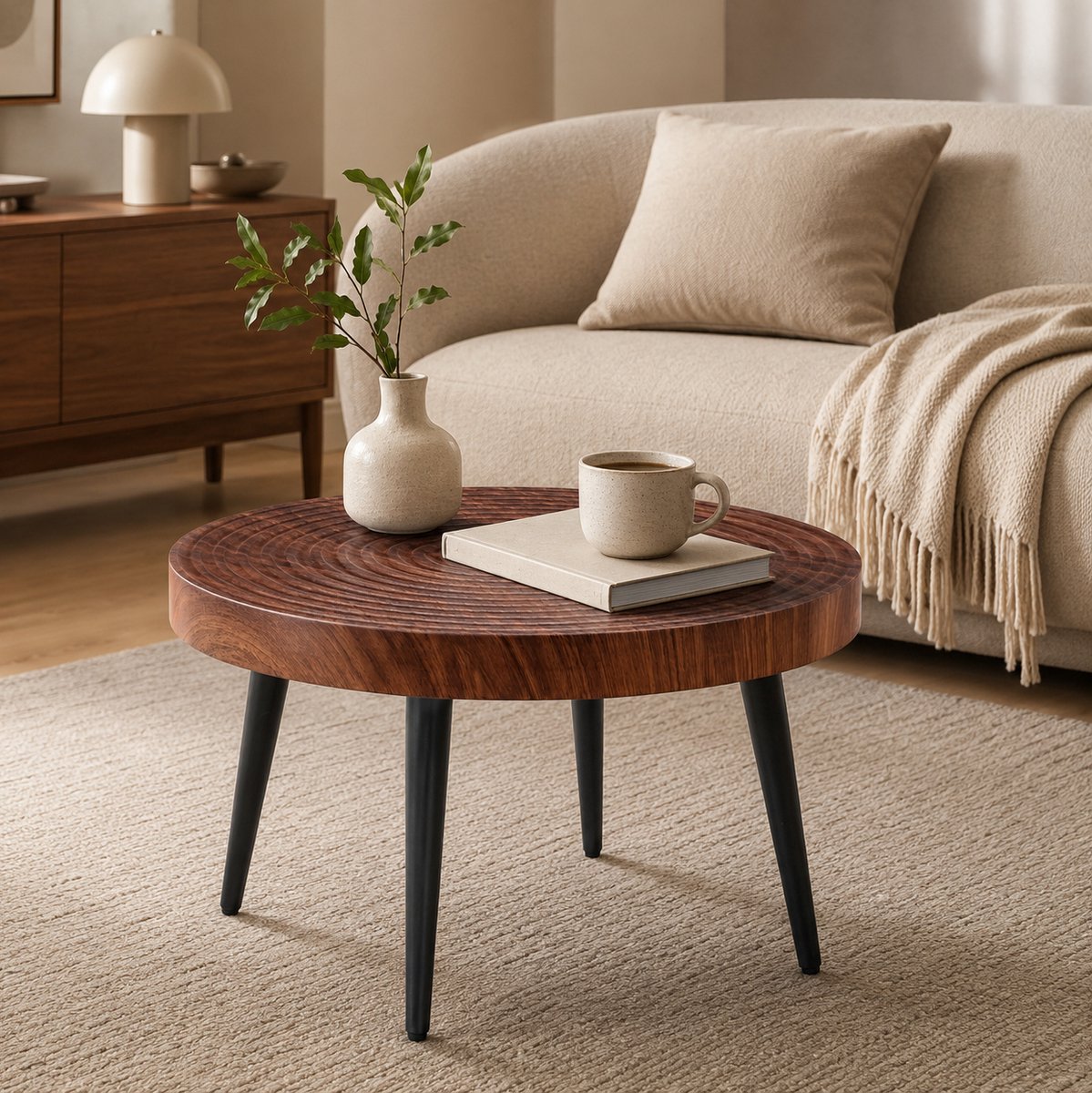 OKWISH Salontafel - Rond - 60 Cm - Walnootlook Met Zwarte Metalen Poten - 5 Cm Dik Tafelblad - Compact Voor Woonkamer En Appartement