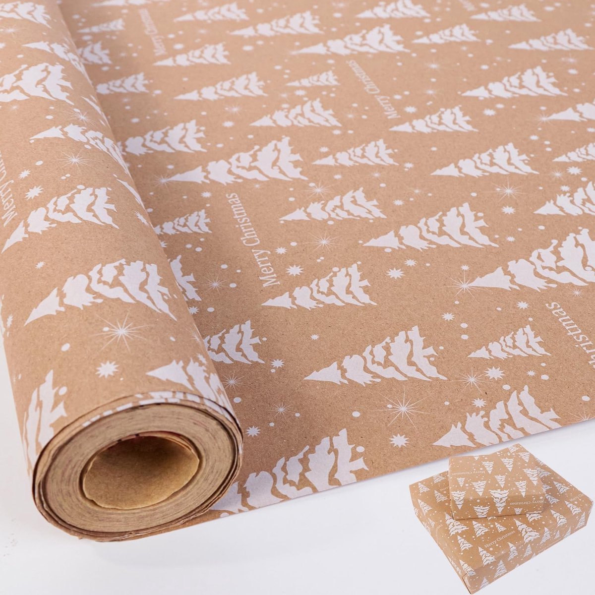 Elzusha - 15 Meter Kerst Inpakpapier Roll in Wit met Boom Motief