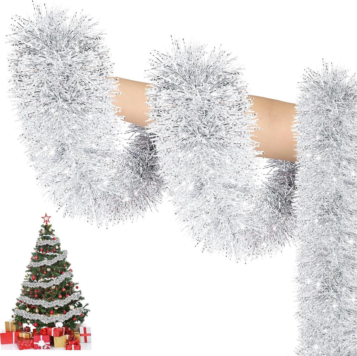 Elzusha - Kerstboom Lametta Garland, 10 m, Zilver