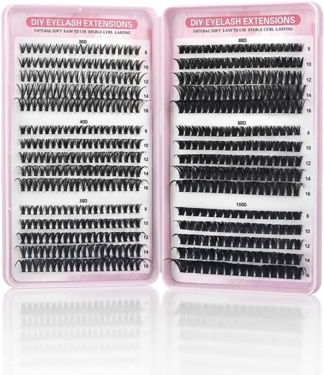Complete Set voor Wimperextensions Thuis, 580 Clusters, 30D-100D, Valse Wimpers 8-16 mm voor Beginners