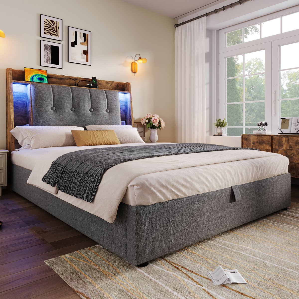 Wishdor Bed 90x200 cm - Gestoffeerd met opbergruimte - Usb-c en ledverlichting - Modern ontwerp - Slaapkamer volwassenen - Stof en mdf