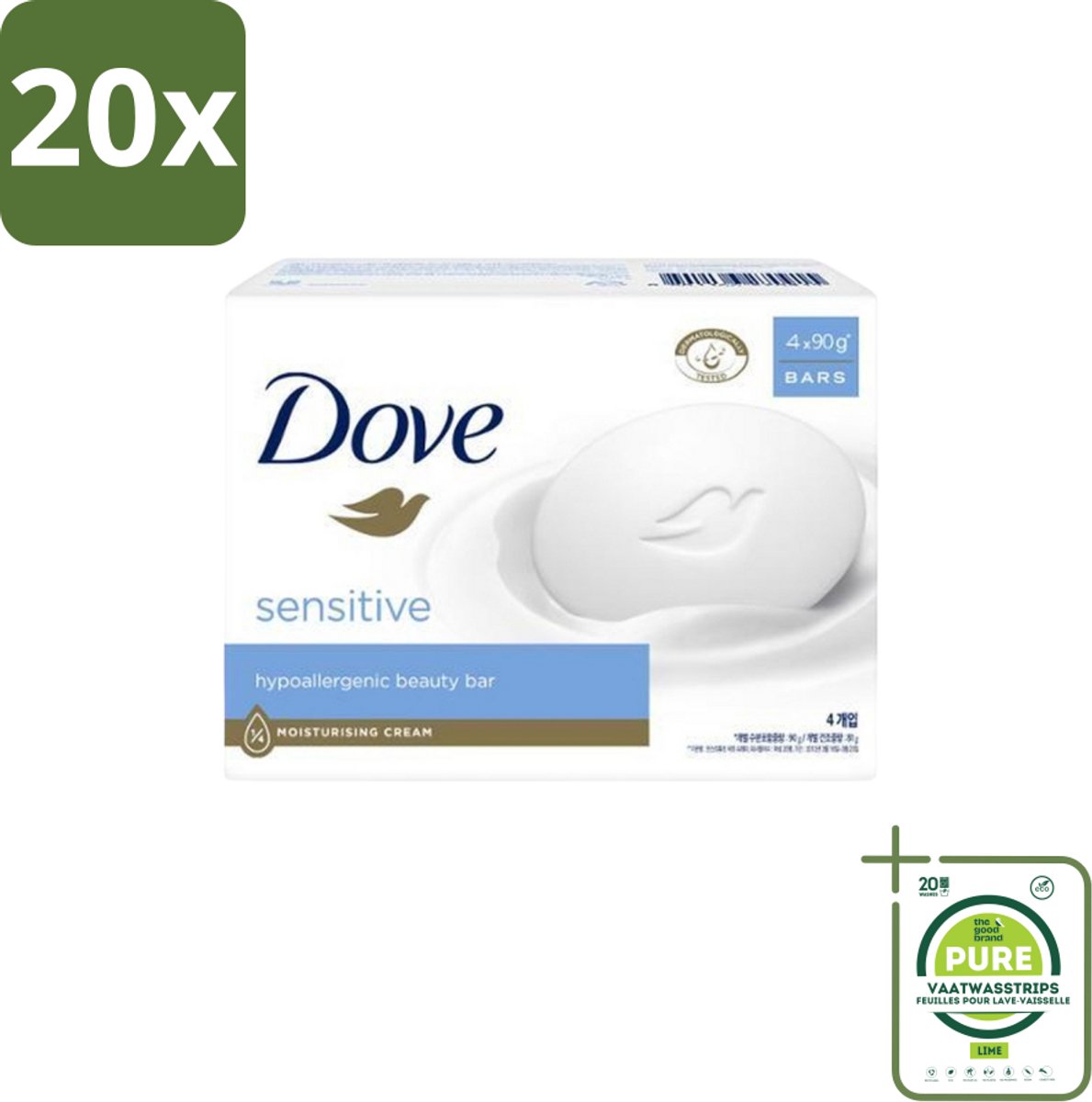 20 x Dove Zeep - Sensitive 4 x 90 gr. - Grootverpakking - Gevoelige Huid - Zachte Reiniging - Zeep Voor Gevoelige Huid - Uitdroging Voorkomen - Huidcomfort