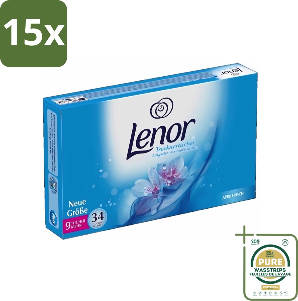 15 x Lenor - Droogtrommeldoekjes - Aprilfris - Textielverfrisser - 34 Doekjes - Grootverpakking - Droogtrommeldoekjes - Wasdoekjes - Textielverfrisser - Frisheid - Statische Elektriciteit