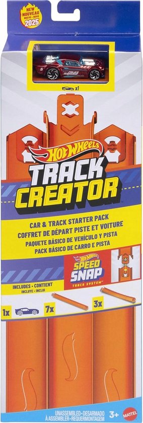 Doos van Hot Wheels Track Creator Starter Pack met een donkerrode auto en baanonderdelen.