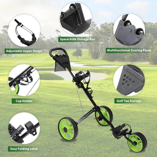 Draagbare Golf Trolley met 3 Wielen, Vouwbare Golfkar van Aluminium in Groen, Ideaal voor Golfbanen — afbeelding 2