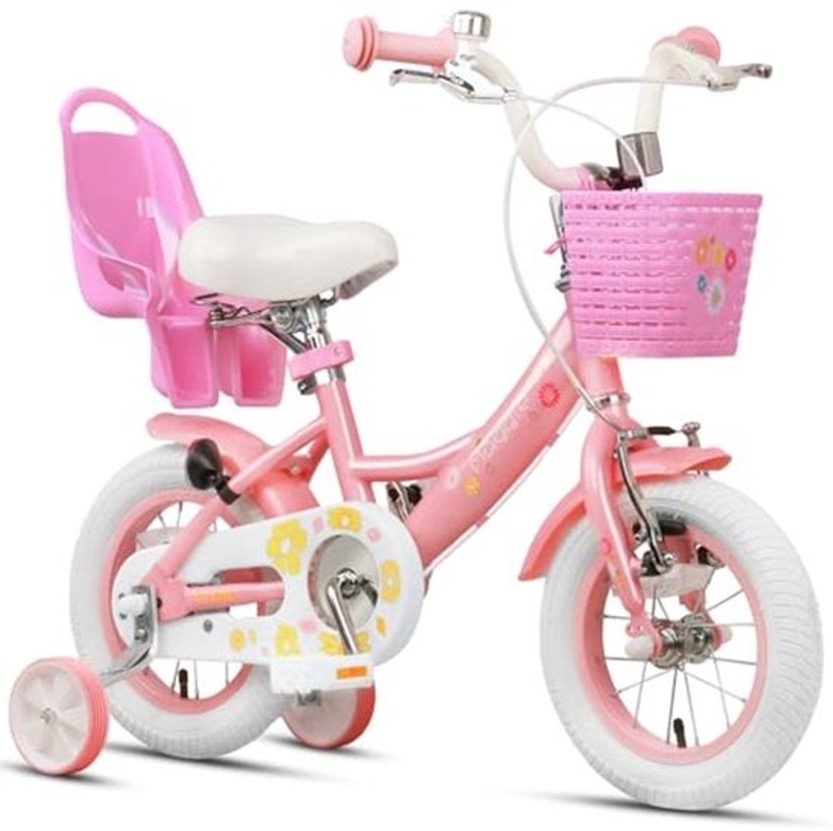 Meisjesfiets 12-20 inch voor avontuurlijke kinderen, prinsessenstijl met poppenzitje, mand en trainingswielen