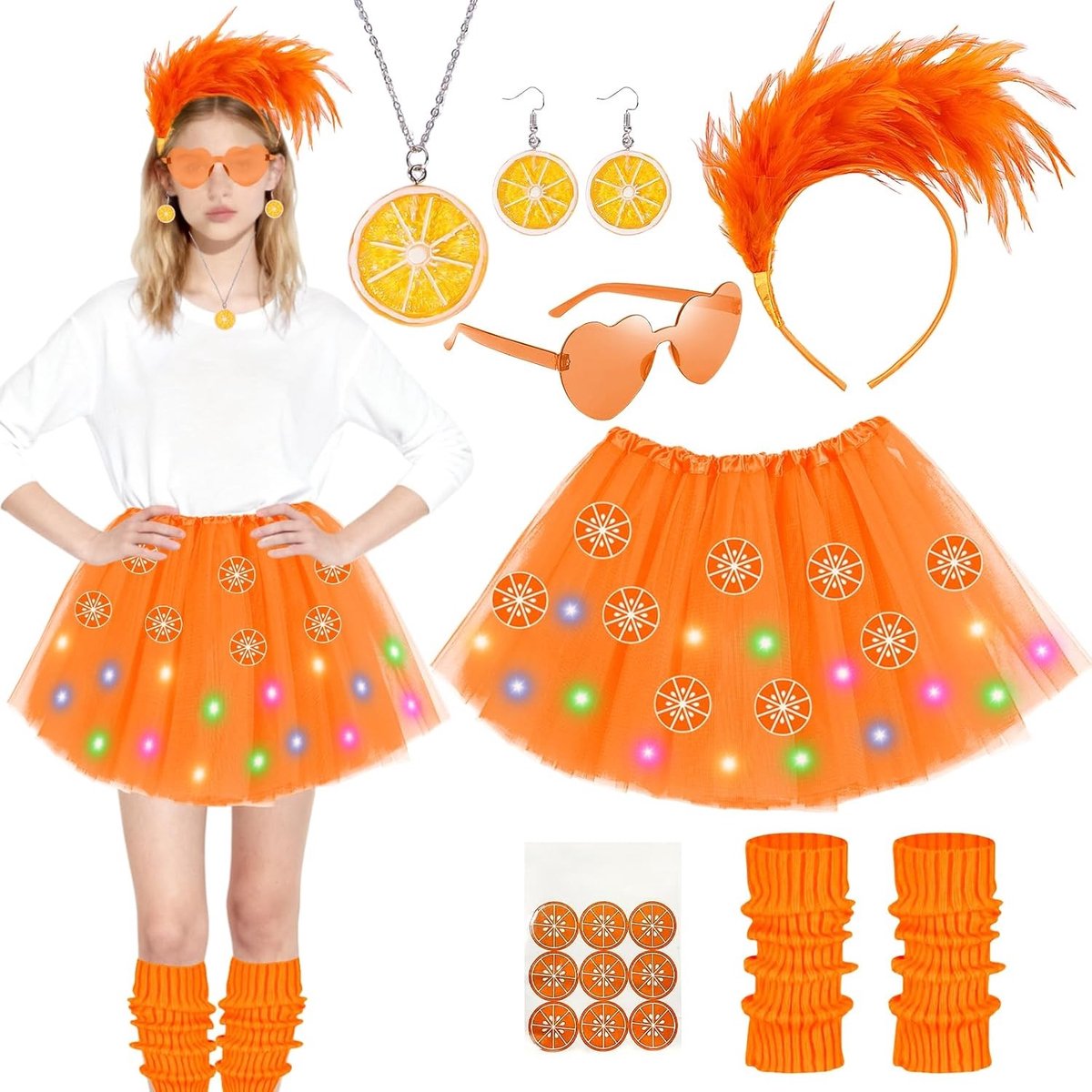 Carnaval kostuum voor vrouwen 7-delige set met tule rok, oranje accessoires en hartvormige zonnebril voor feest en masquerade