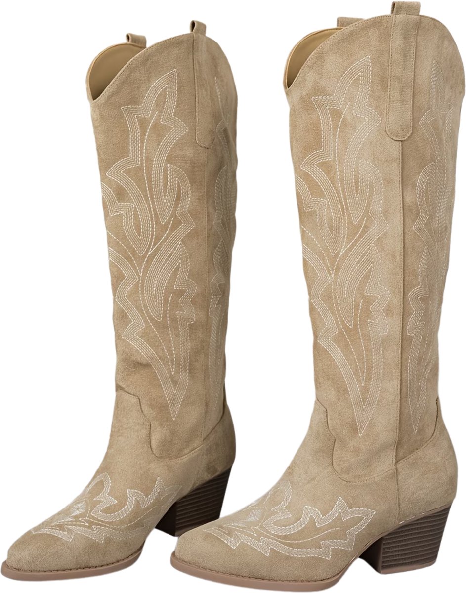 Currero Dames Cowboy Laarzen Hoge Hak Enkellaarzen Kniehoge Western Boots Chelsea 35 Beige