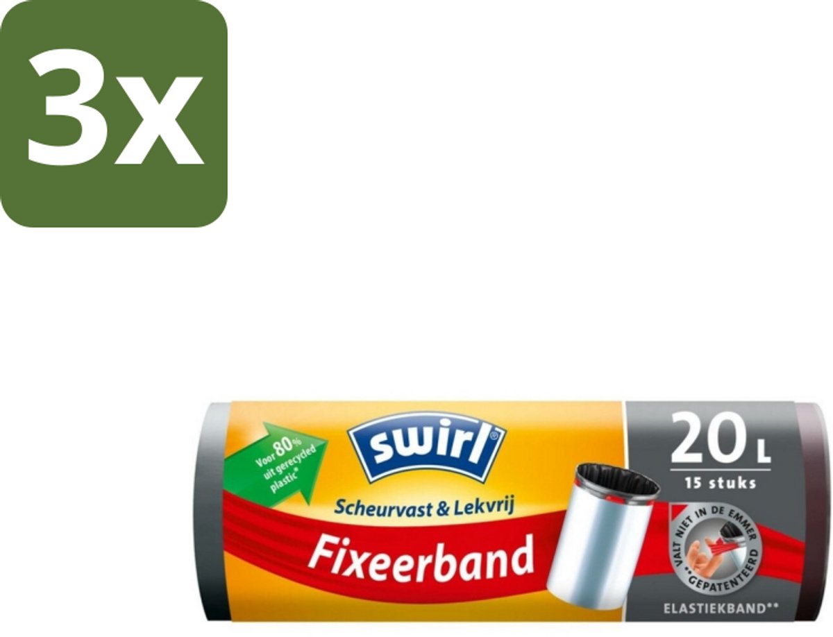 Swirl – Pedaalemmerzakken – 20 L – Fixeerband – 15 zakken - Bulkverpakking - 3 stuks