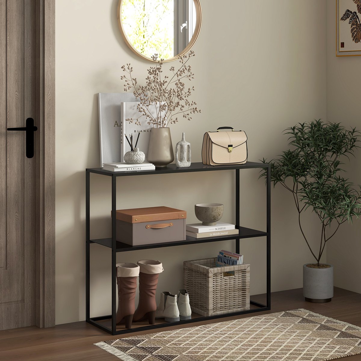 REDOM - Sidetable - 2 open legplanken - anti-kantelbeveiliging - stalen frame - moderne stijl - hal en woonkamer - staal - Zwart - 90 x 30 x 75 cm