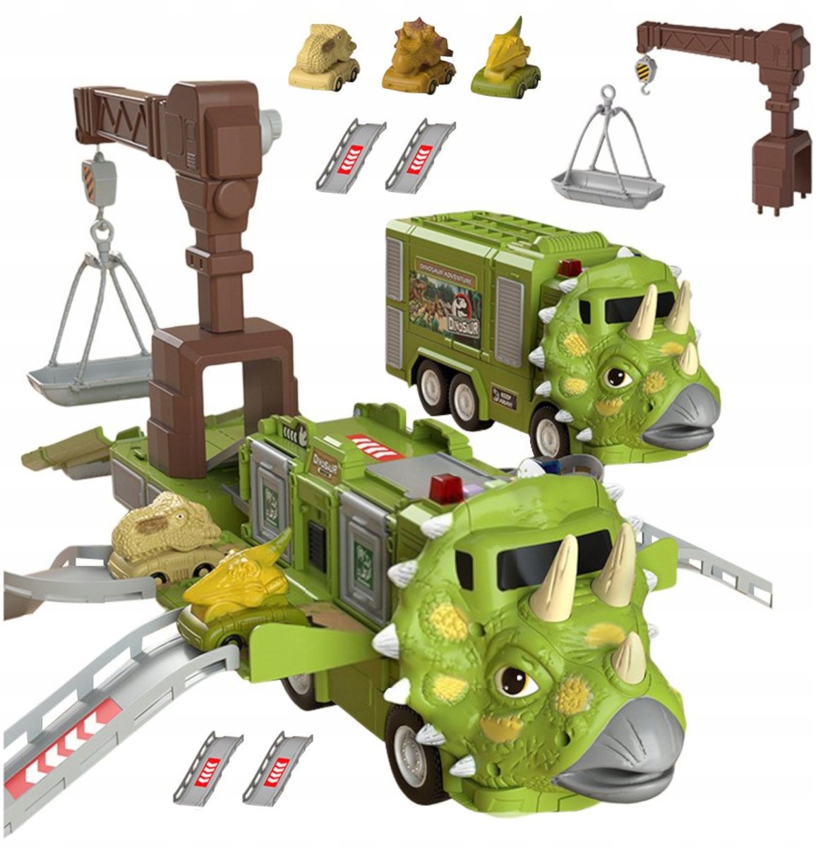 Dino Vrachtwagen Triceratops met Kraan en 3 Auto's - Groen