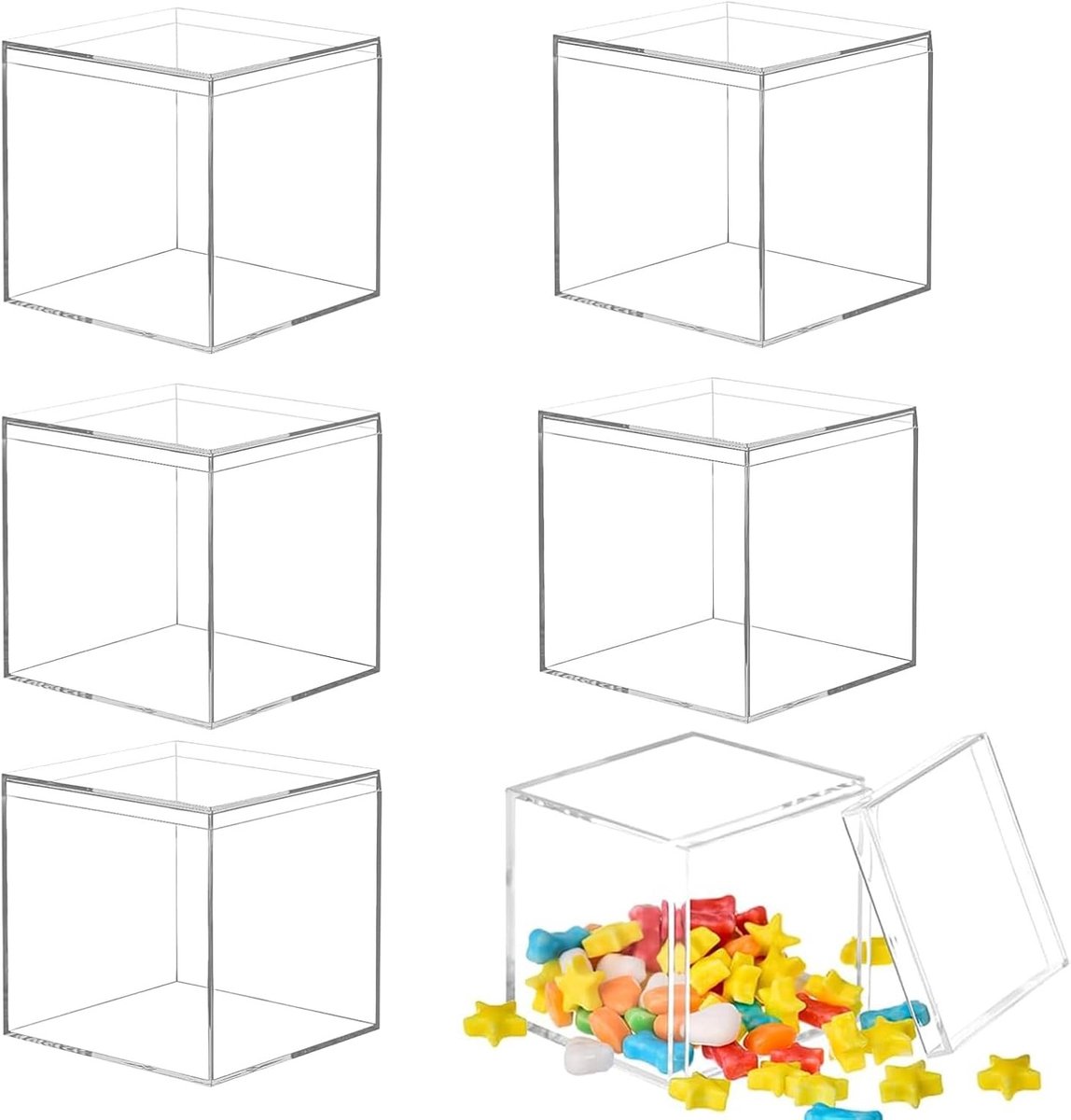 Set van 6 Transparante Acrylaat Opbergdozen met Deksel, 10 x 10 x 10 cm, Ideaal voor Cadeaus en Organisatie, Vierkante Cube Dozen