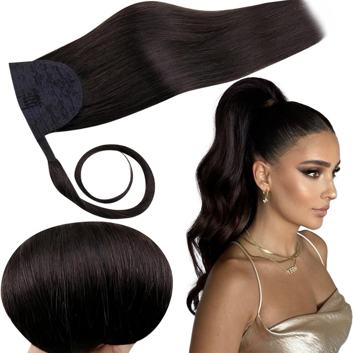 Ponytail Extensions Echte Haar Zwart 20 Inch Lang 70g Voor Volumineuze Haarstijl