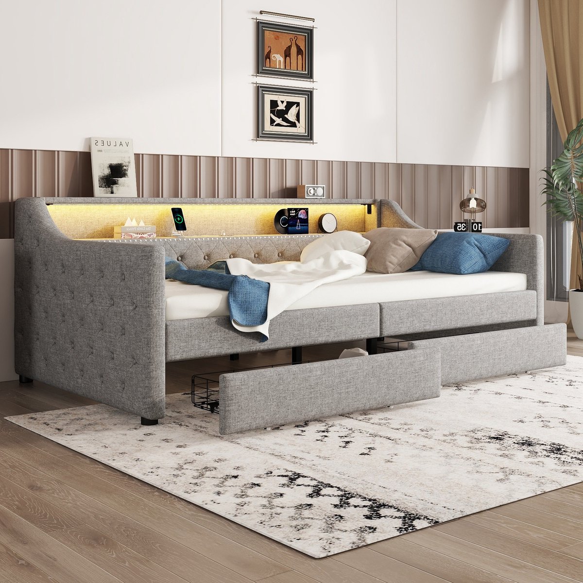 Dagbed 90x200 cm - Multifunctioneel met LED-sfeerverlichting, USB-oplaadpoort en 2 opberglades - Grijs linnen - Inclusief lattenbodem - Stabiel tot 272 kg