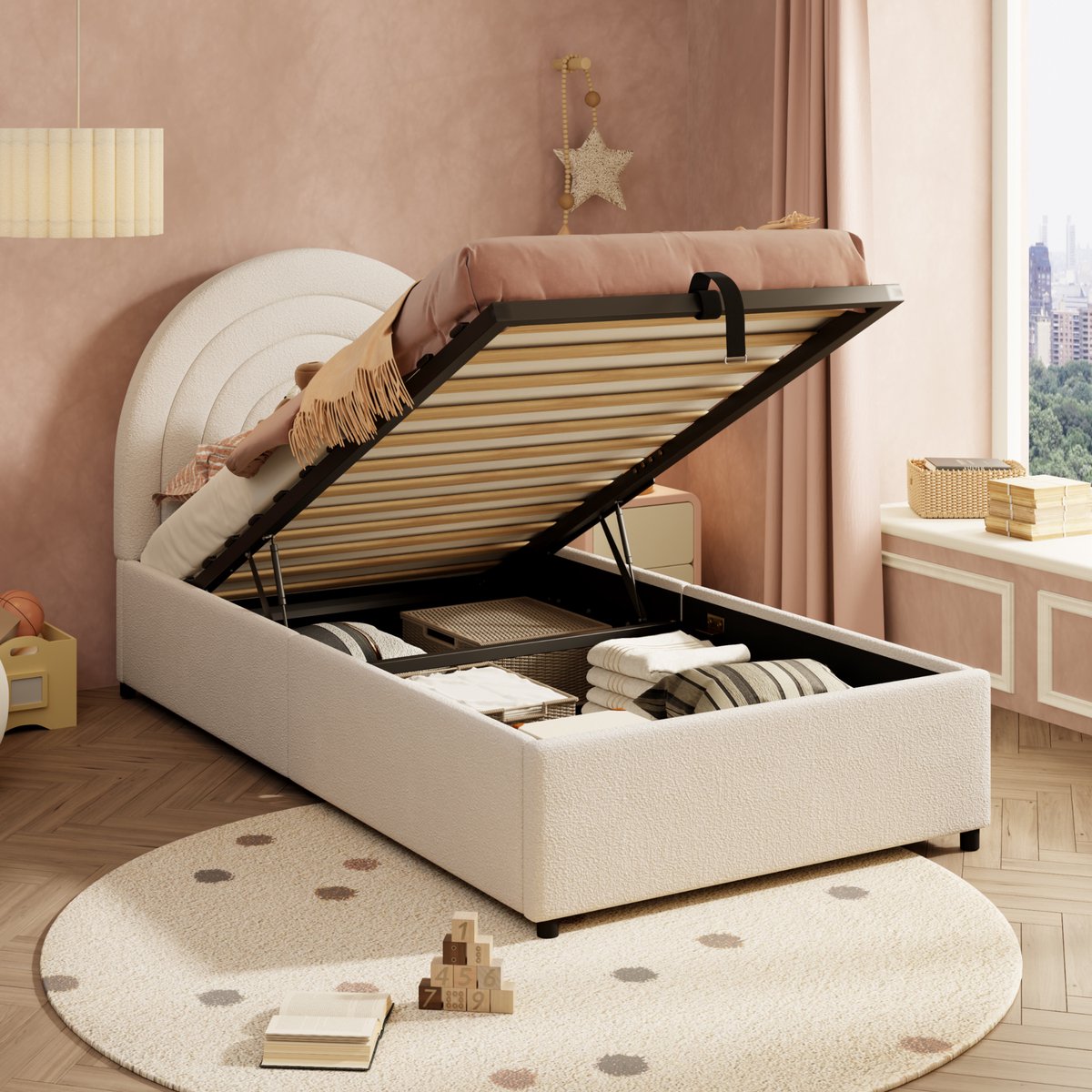 Gestoffeerd bed met hydraulische opbergruimte - compact voor kinder- en tienerkamer - 90x200 cm eenpersoons - beige bouclé - verzonken matrasvlak en geluiddempende voetjes - gewatteerd hoofdeinde voor extra veiligheid