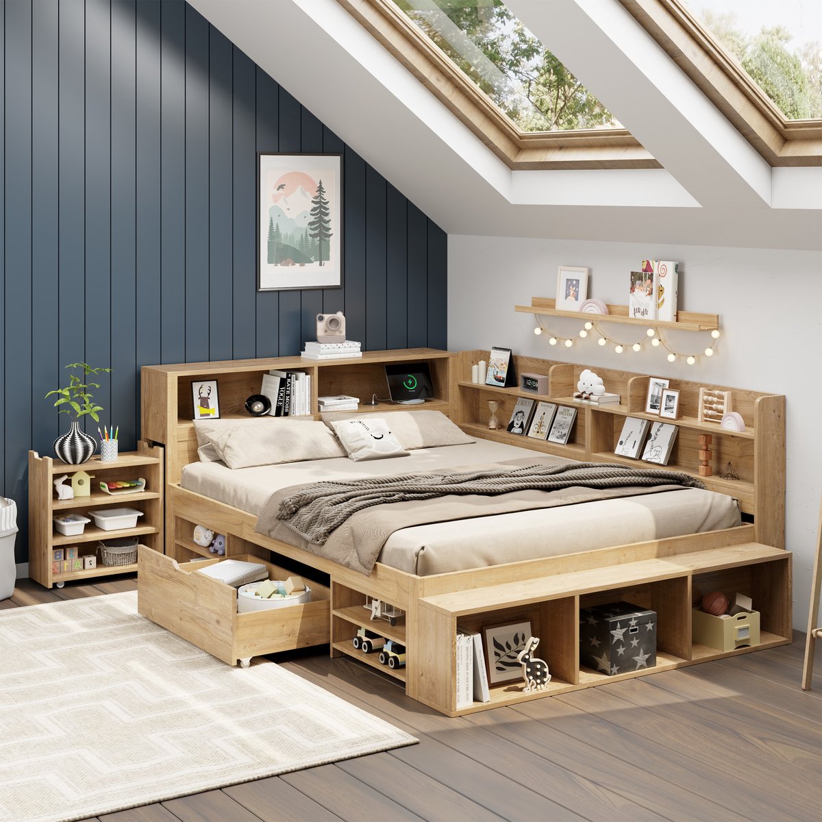 Multifunctioneel kinder opbergbed met nachtkastje en draadloos laden - 140x200 cm - 1 persoon - Naturel - Uitgebreide kasten, laden en planken - Inclusief lattenbodem