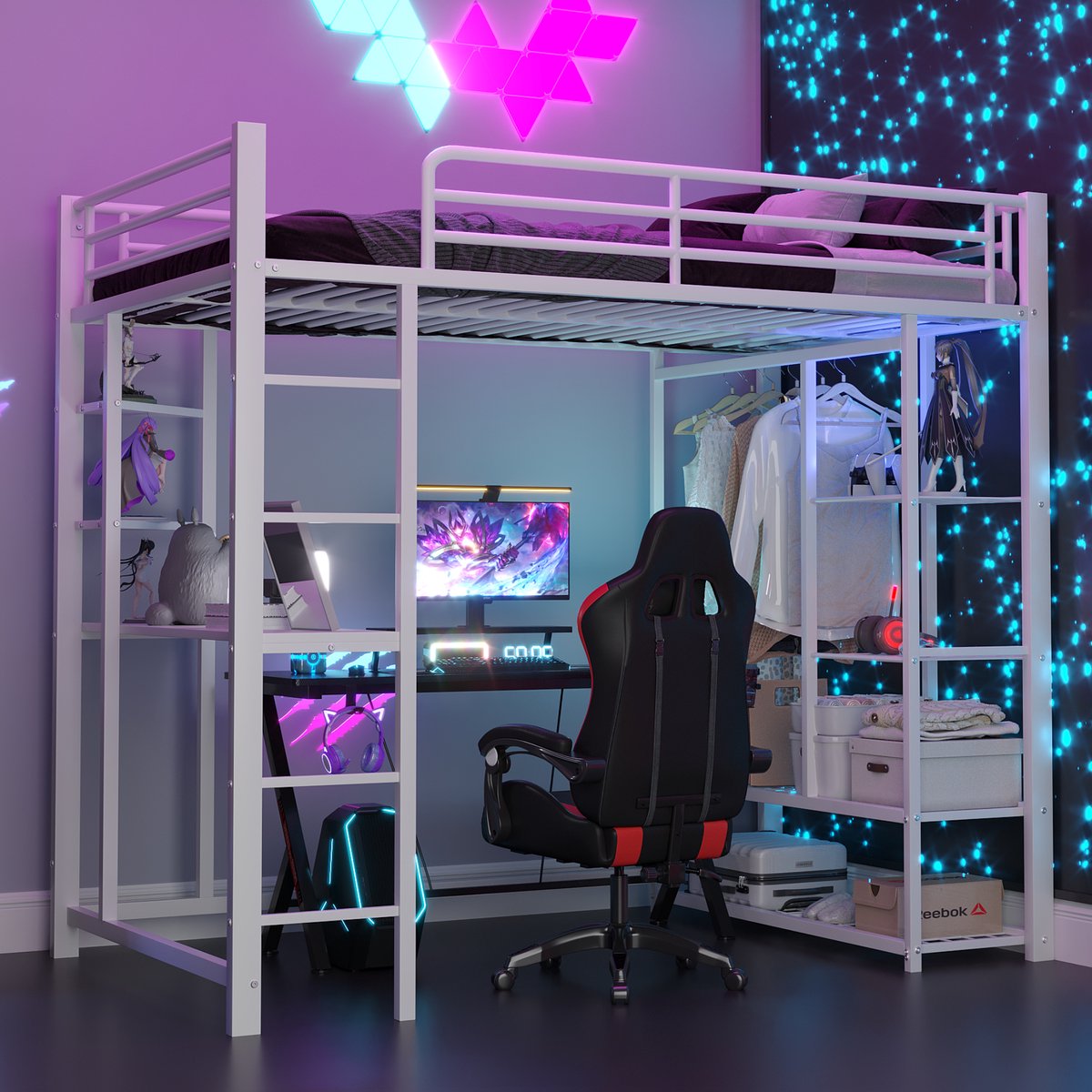 Metalen hoogslaper 90x200 cm - Multifunctioneel met bureau, hangrek en opbergvakken - 1 persoon - Wit - Veilige ladder en hoog hekwerk - Robuust stalen frame tot 120 kg