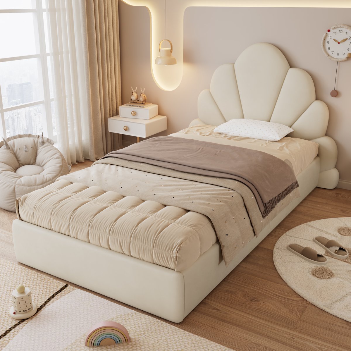 Eenpersoonsbed 90x200 cm - Met elegant bloembladvormig hoofdeinde - Beige fluweel - Stijlvol en modern gestoffeerd bed - Inclusief stevige houten lattenbodem - Geschikt als tiener- of kinderbed