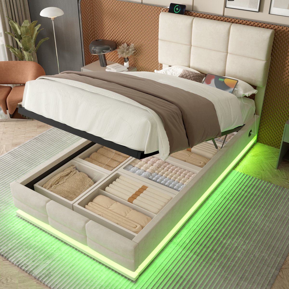Gestoffeerd bed 90x200 cm - met hydraulische opbergruimte en dimbare LED-verlichting - eenpersoons - beige fluweel - USB/Type-C en verstelbaar hoofdeinde - lattenbodem inbegrepen