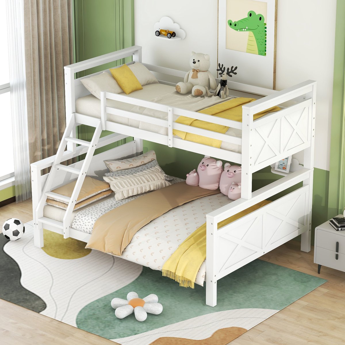 Houten stapelbed - Ombouwbaar tot 2 losse bedden - Bovenbed 90x200, onderbed 140x200 cm - Wit - Veiligheidsrek en schuine ladder - Massief grenenhout en MDF - 15 stevige latten per bed