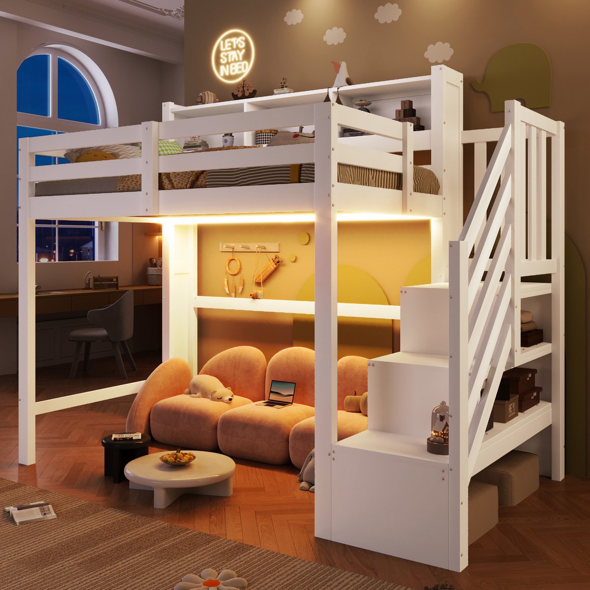 Hoogslaper met LED en opbergtrap - 90x200 cm eenpersoons - Wit - Grote open ruimte onder bed - Opbergtrap met lades en open vakken - Geschikt voor kinderen en tieners