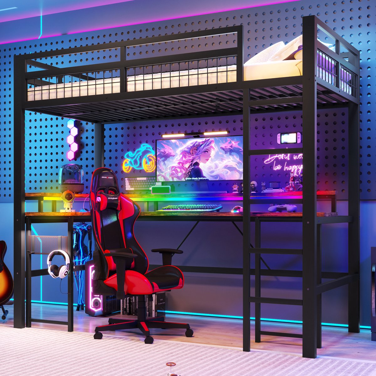 Hoogslaper met bureau en pegboard - 90x200 cm eenpersoons - Zwart - LED-strip met app-bediening - 1 USB, 1 Type-C en 2 stopcontacten - Geschikt voor studie en thuiswerk