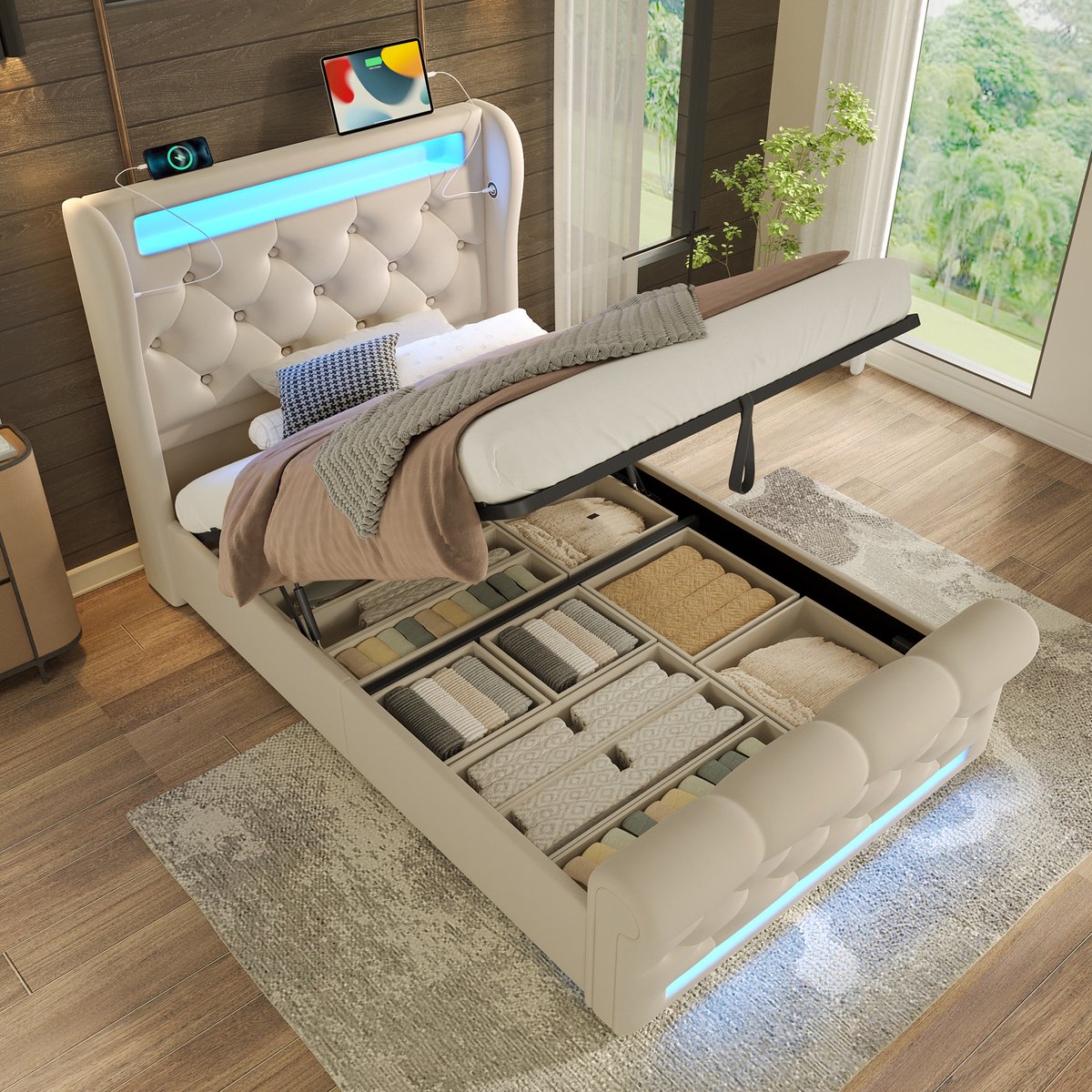 Gestoffeerd opbergbed - LED-sfeerverlichting en USB-C oplaadpoorten - 90x200 cm - 1 persoon - Beige fluweel - Hydraulische lift - Knopenhoofdeinde