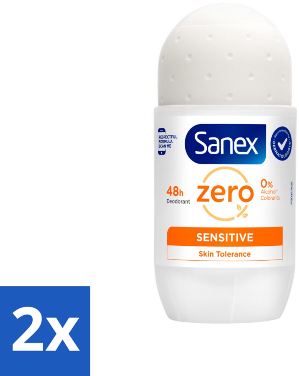 2 x Sanex Deodorant Roller Zero% Sensitive Skin 50 ml - Sanex Deodorant Zero% Sensitive - Alcoholvrije Deodorant - Parabenenvrije Deodorant - Gevoelige Huid - Milde Deodorant