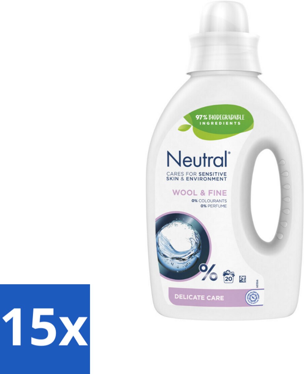 15 x Neutral Vloeibaar Wasmiddel Wol & Fijn 20 Wasbeurten 1 liter - Neutraal Wasmiddel - Hypoallergisch Wasmiddel - Parfumvrij Wasmiddel - Gevoelige Huid - Wasmachine