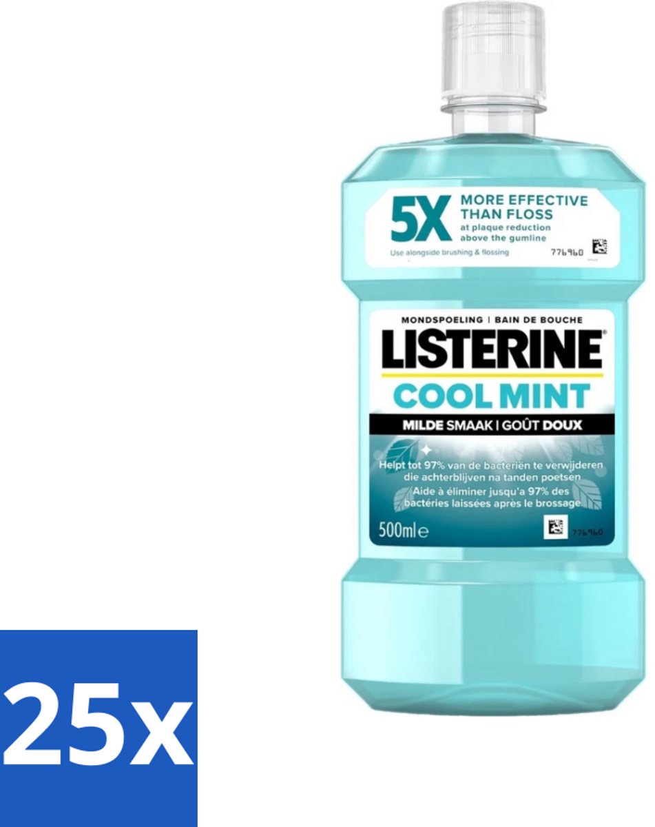 25 x Listerine - Mondwater - Cool Mint - Milde Smaak - 500 ml - Mondspoeling - Mondwater - Mondhygiëne - Tandplak - Tandvlees