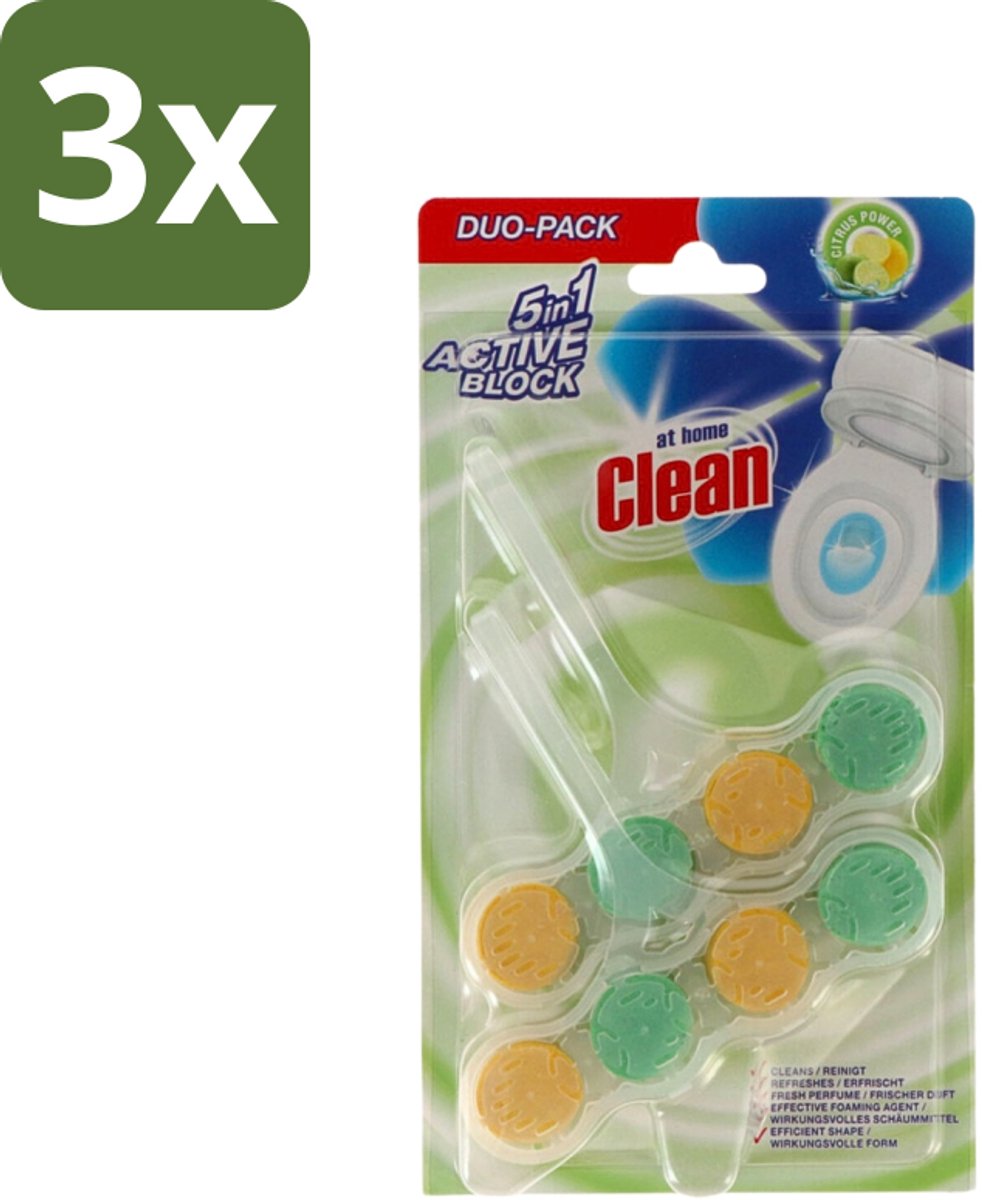 3 x At Home - Clean - Toiletblok - 5in1 Active - Citrus Power - Neutraliseert & Reinigt - 2 Blokken - Toiletblok Citrus - Toilet Reinigen - Toilet Reinigingsmiddel - Toilet Schuim - Toilet Fris