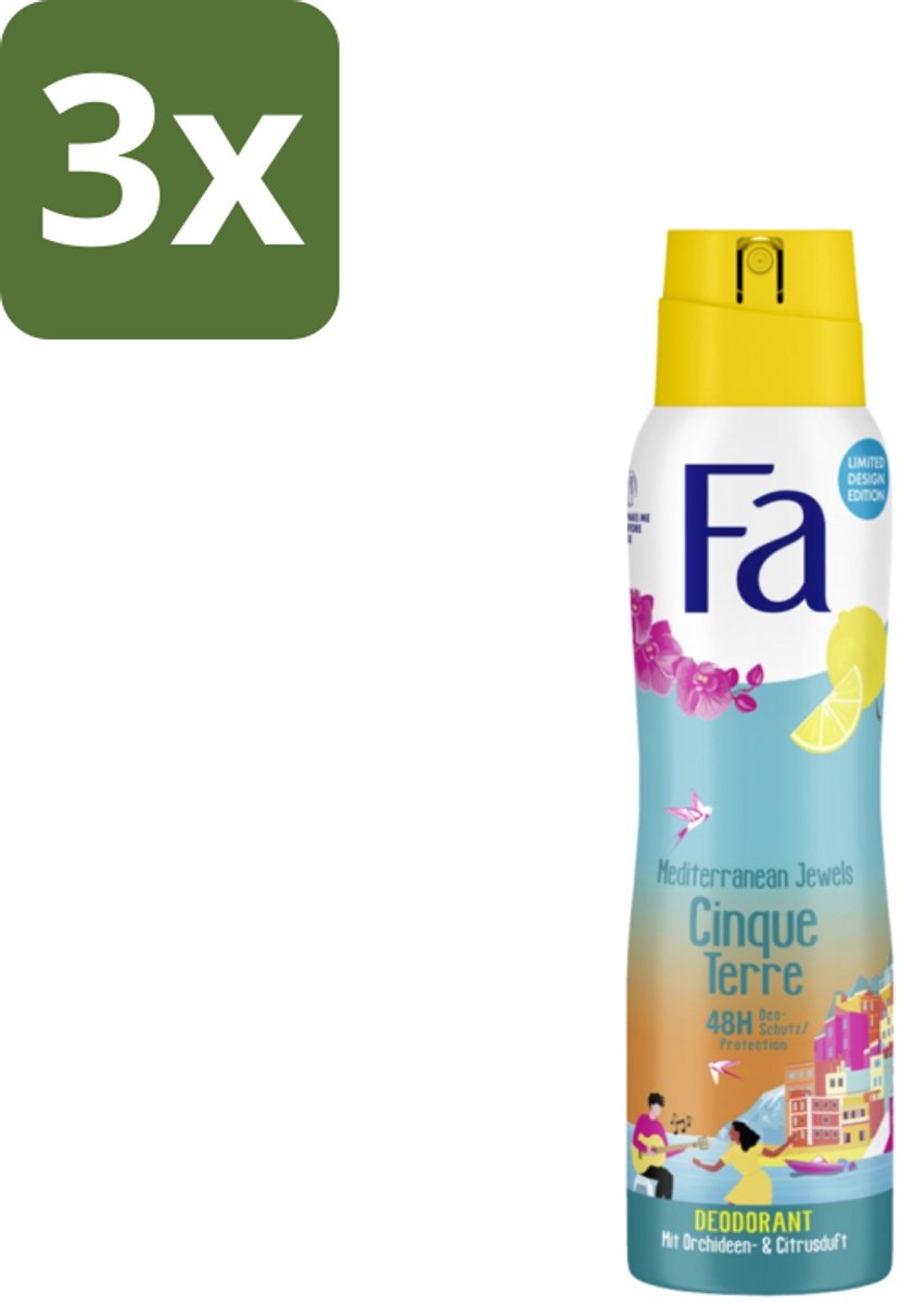 3 x Fa - Deodorant Spray - Mediterranean Jewels - Orchidee & Citrus - 48 uur Bescherming - 150 ml - Deodorant Spray - Orchidee En Citrus - 48 Uur Bescherming - Aluminiumzoutvrij - Vegan Deodorant