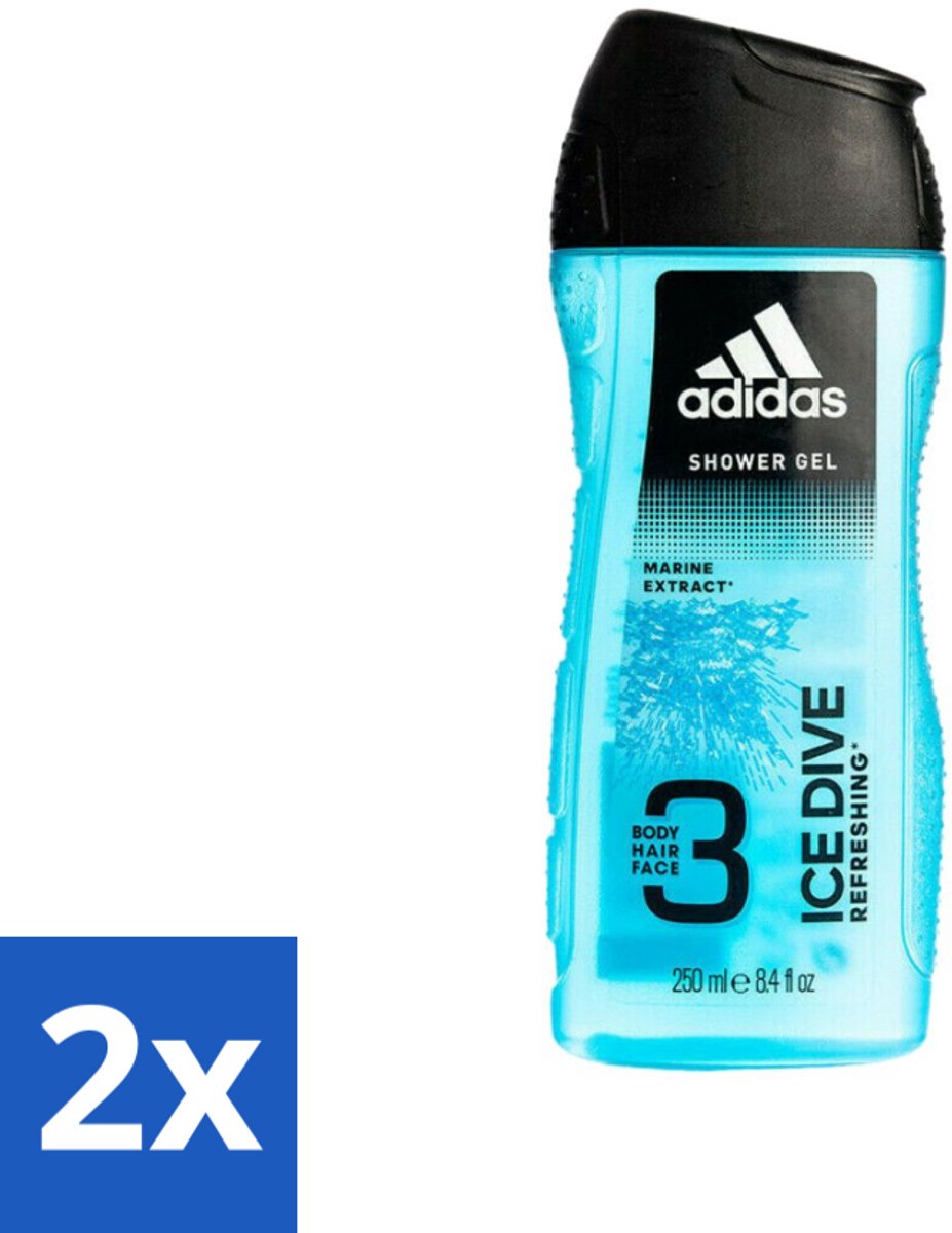 2 x Adidas - 3-in-1 Douchegel - Ice Dive Refreshing - Marine Extract - 250 ml - Adidas Ice Dive Douche & Shampoo - Verfrissend - 2-in-1 - Lichaam En Haar - Sportieve Verzorging