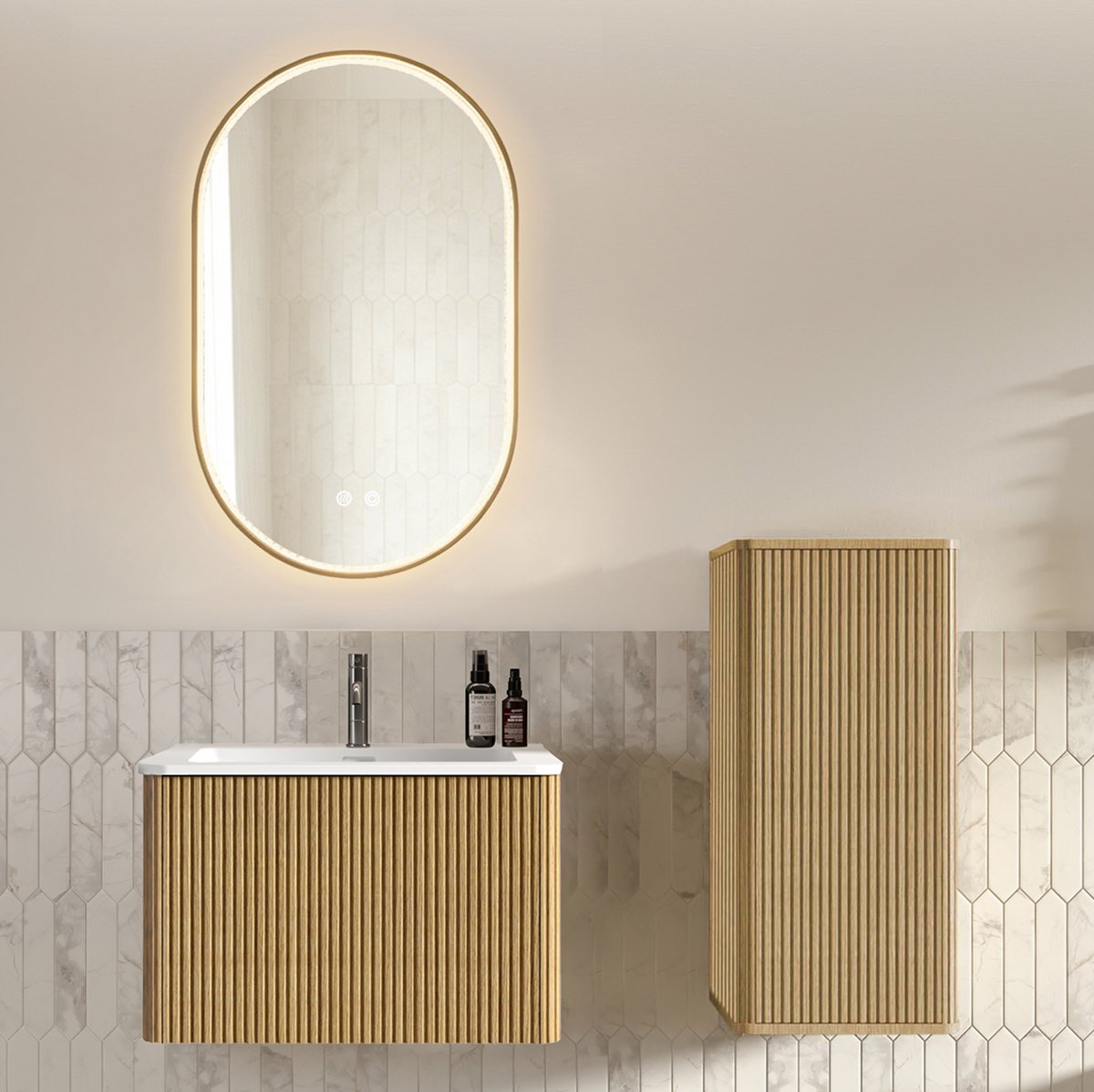 STILVORA Badkamermeubelset - Wandhangend Met Wastafel, Zijkast En LED Spiegel - Voor Kleine Badkamer - Houtlook - 60 Cm - Eikenkleur
