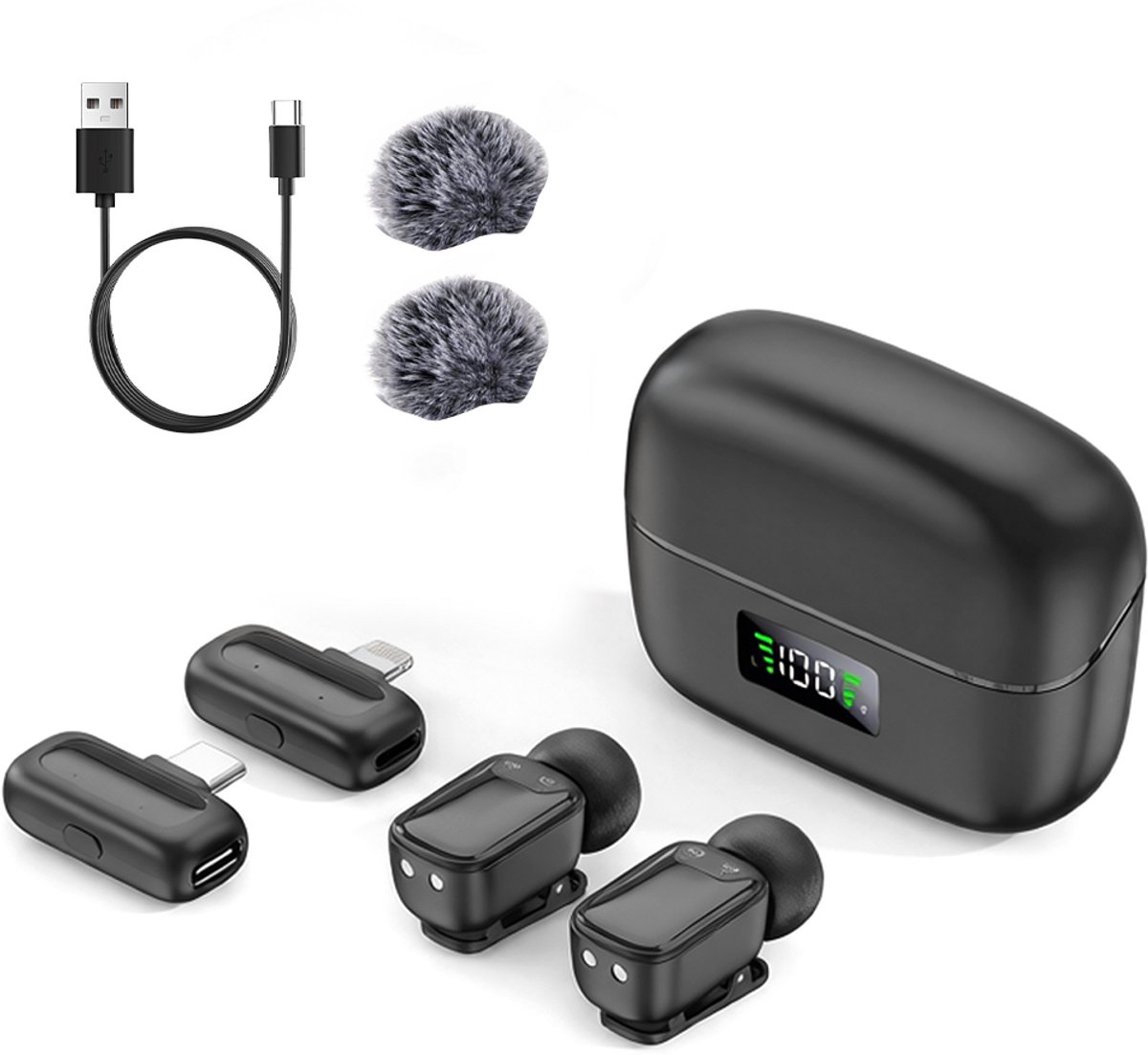 Draadloze microfoon - Digitale displaymicrofoon - Mini-lavaliermicrofoon - Ruisonderdrukking - Lavalier - USB-C-interface - Inclusief Apple-adapter, twee hoesjes en twee microfoons - Zwart