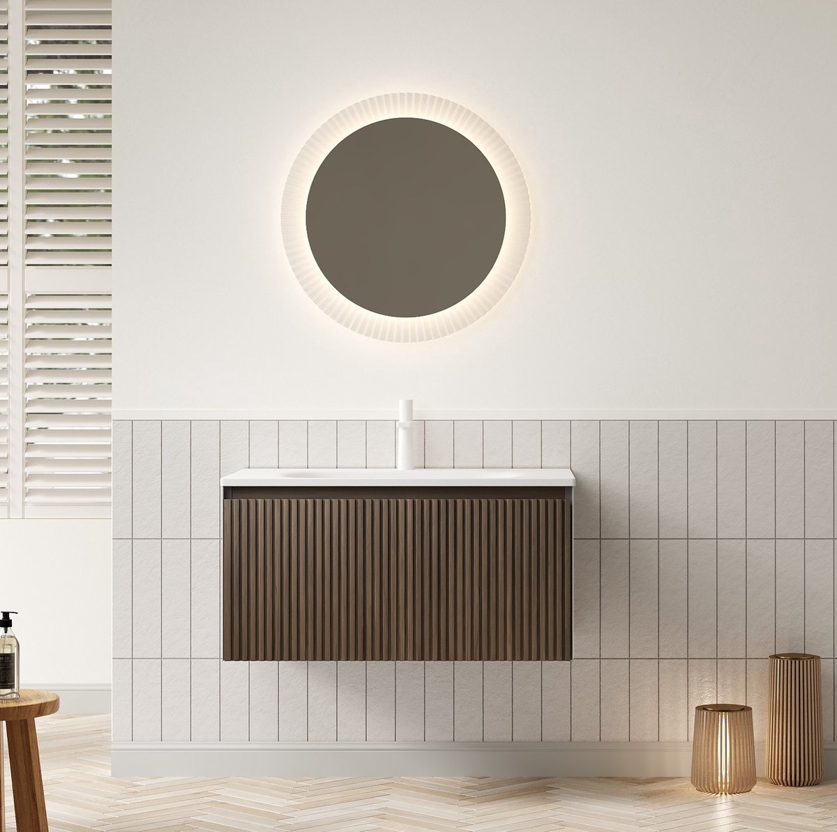 OKWISH Badkamermeubel - Hangend Wandmeubel Met Ingebouwde Wastafel En 1 Lade - 80 x 46 x 41,8 cm - Zacht Sluitend - Hout Bruin Wit