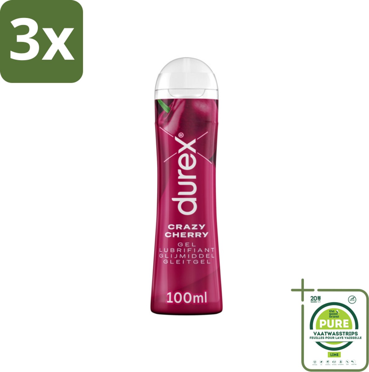 3 x Durex - Crazy Cherry - Glijmiddel - 100 ml - Grootverpakking - Durex - Lubrifiant - Smeermiddel - Intiem - Massage
